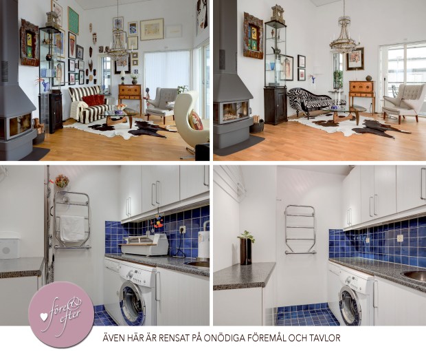 Före- och efterbilder av styling av vardagsrum och tvättstuga!