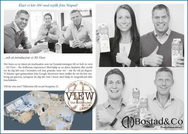 Annonsen i Wapnö Allehanda 2015. Gänget från Bostad&Co har mjölkmustasch och gör tummen upp för en AW med mjölk från Wapnö!