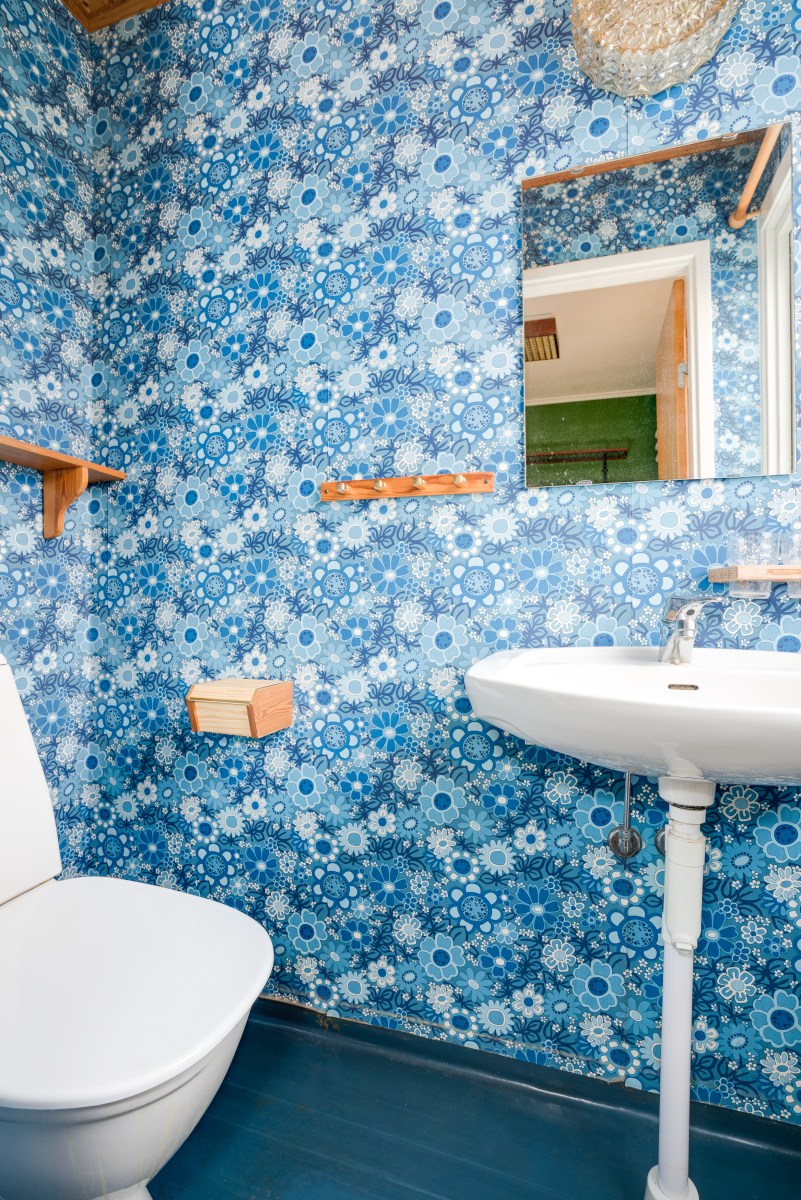 En blå gäst-wc för dig som gillar retro, blommig tapet i blått och blå matta